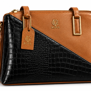 KOVE Brown & Black Crocodile Embossed Structured Handbag with Gold Hardware